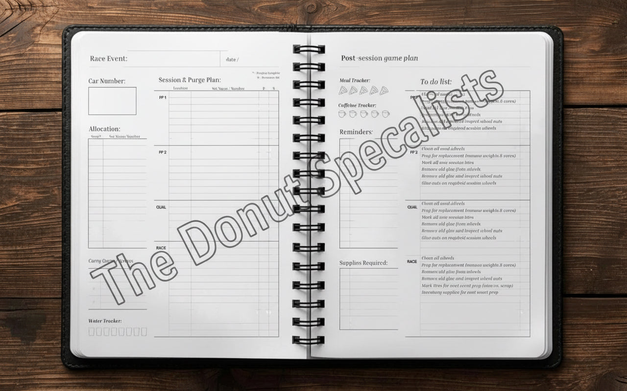 Open spiral-bound planner on a wooden surface