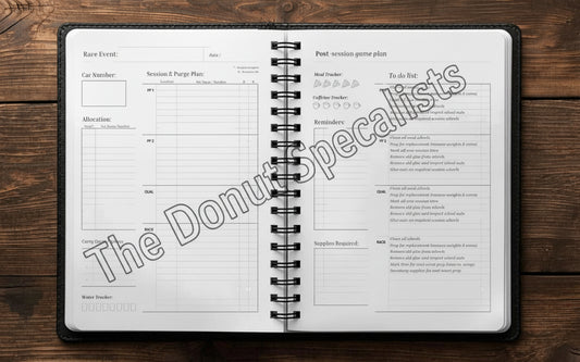 Open spiral-bound planner on a wooden surface